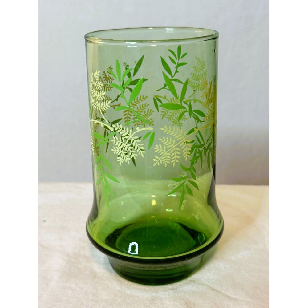 VTG Libbey MCM Green Glass w/ Fern& Leaf Design,Cottage,Whimsical,Retro